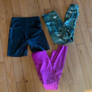 Fabletics Women's Leggings Set - Teal Shorts, Green Camo, and Pink Yoga Pants